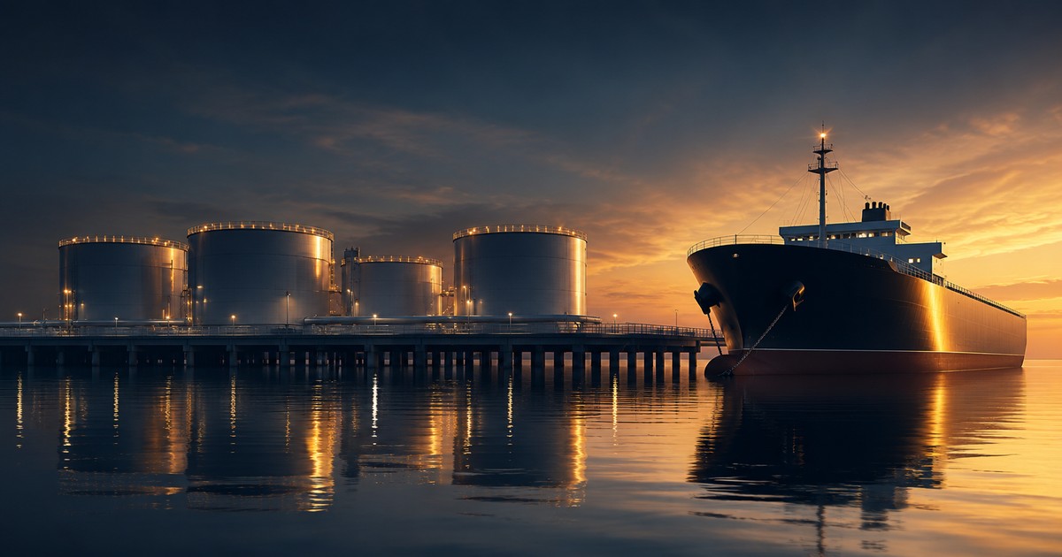 Conceptual illustration of a coastal petroleum logistics terminal and tanker at dusk.