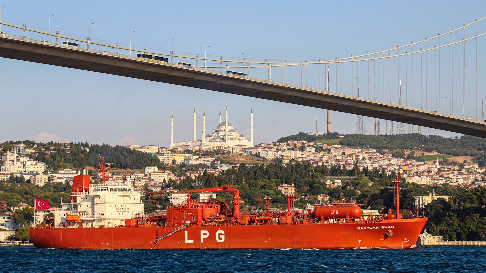 Illustrative LPG carrier passing beneath a bridge.