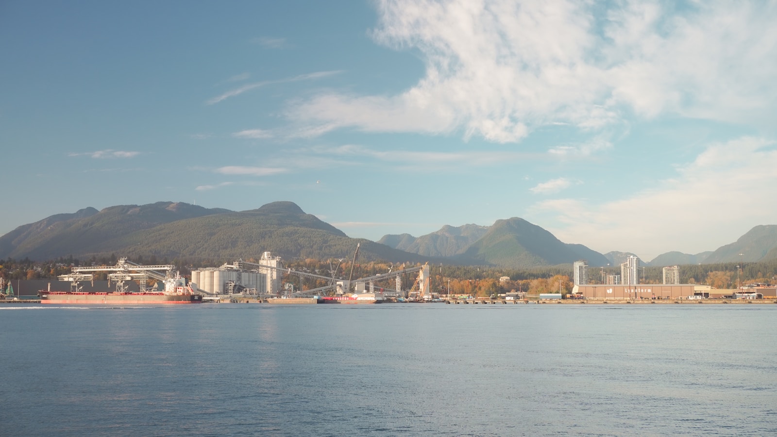 Illustrative industrial port with ships and a mountainous coastal backdrop.